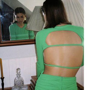 ZARA Green Long Sleeve Ruched Open Back Crop Top - 2504 636 513 - Size XS - NEW